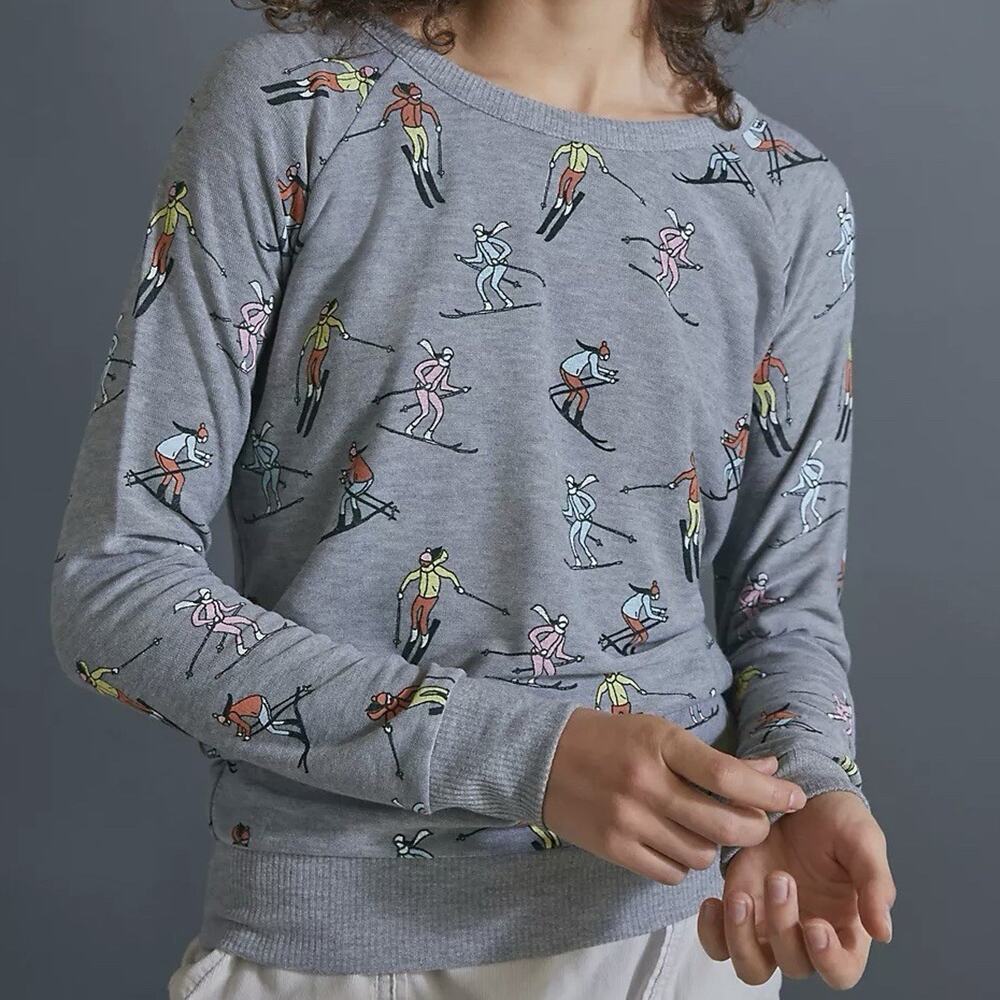 Anthropologie Chaser Ski Dreams Sweatshirt Crewneck AOP Womens Small Worn Flaws